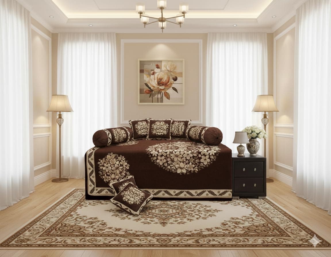 FRESH FROM LOOM Chenille 500 TC Diwan Set - 1pc Single Bed Sheet with 2 Bolster Covers and 5 Cushion Covers, 8pc Set, Coffee