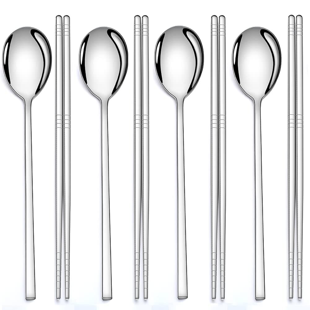 AOOSY 4 Pairs Chopsticks and 4 Spoons Set Korean Stainless Steel Chopsticks Spoons, Kitchen Reusable Metal Flat Long Handle Chopstick Spoon Set for Home, Kitchen or Restaurant
