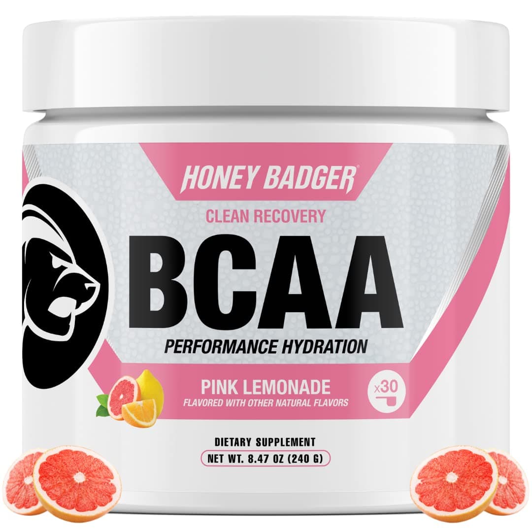 Honey Badger BCAA + EAA Amino Acids Electrolytes Powder, BCAAs + L-Glutamine, Keto, Vegan, Sugar Free for Men & Women, Hydration & Post Workout Muscle Recovery Drink Mix, Pink Lemonade, 30 Servings