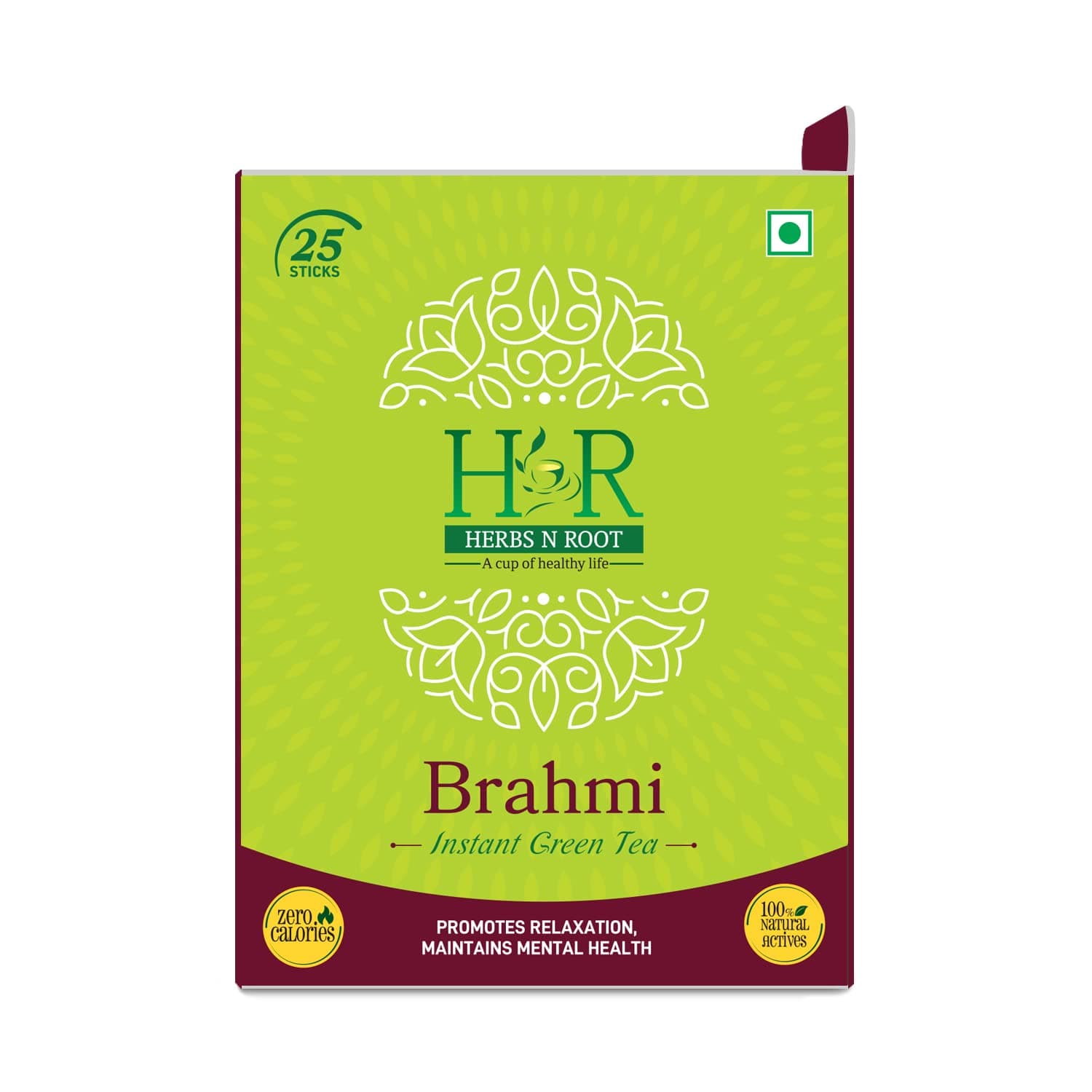Herbs N Root Brahmi Herbal Tea | Soluble Green Tea | Improve Sleep Pattern, Intelligence Memory Green Tea| Morning refreshing Tea | Brahmi Mango Healthy Tea Powder- 25 Stick (2gm Each)