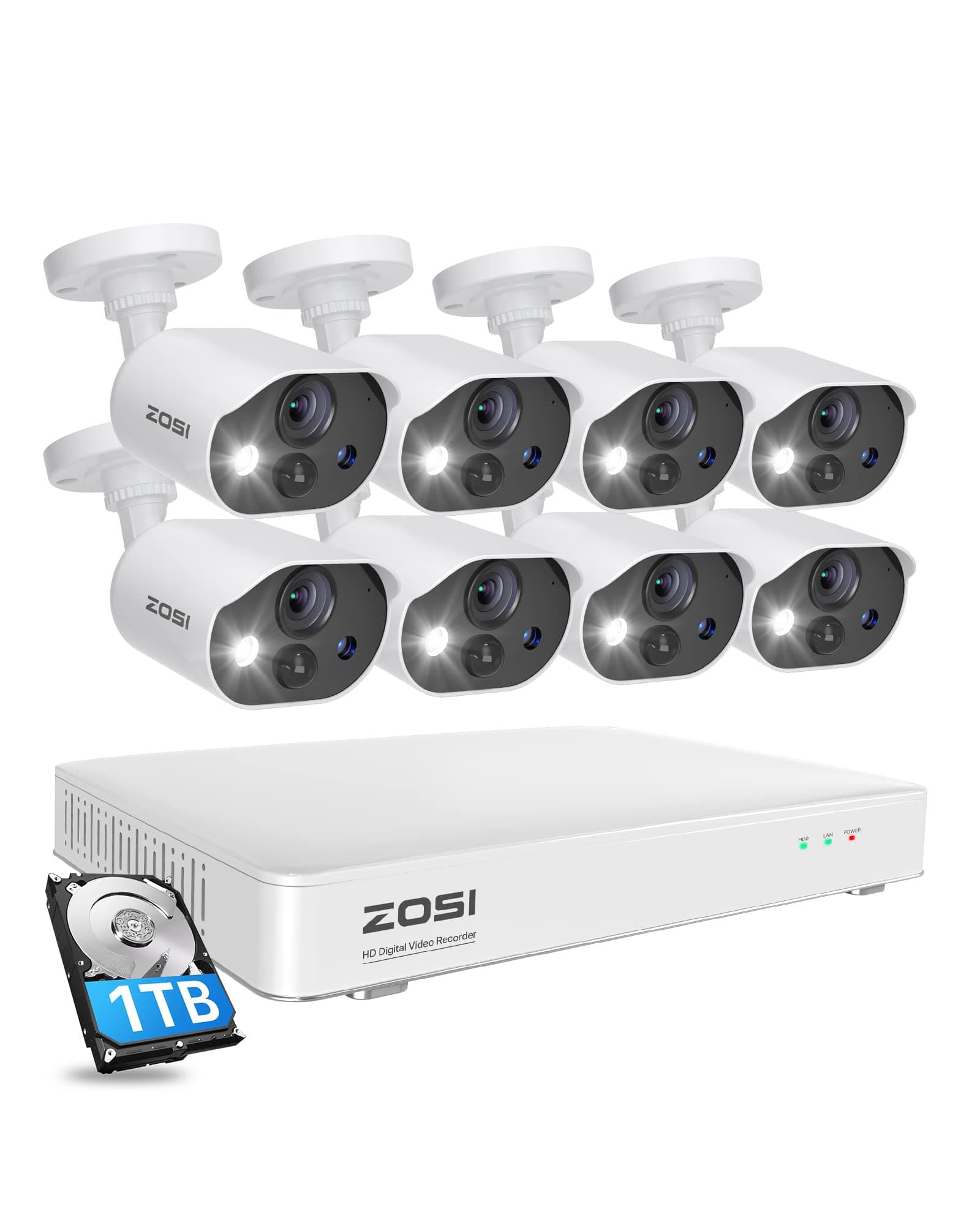 ZOSI C303 Home Security Camera System with Audio,8CH 5MP Lite H.265+ DVR with 1TB Hard Drive,8pcs 1080P Outdoor Cameras,120ft Night Vision,Person Vehicle Detection,Light&Siren Alarm,for 24/7 Recording