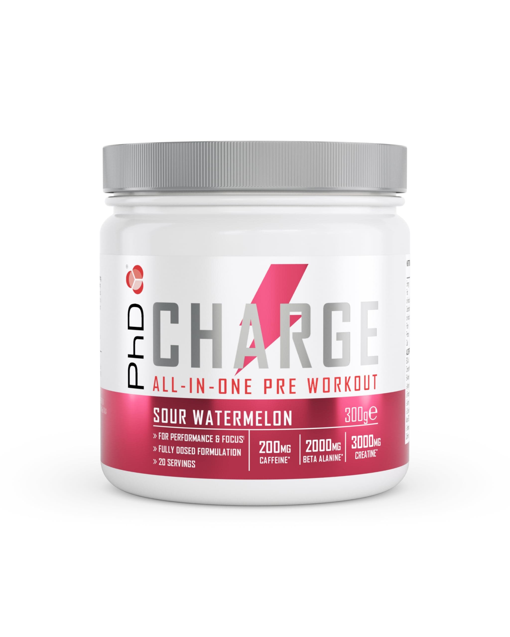 PhD Charge, All in One Pre Workout Powder with Creatine for Women and Men, Rich in Beta Alanine, High Caffeine for pre-Workout, Sour Watermelon Flavour, 20 Servings Per 300g Bottle