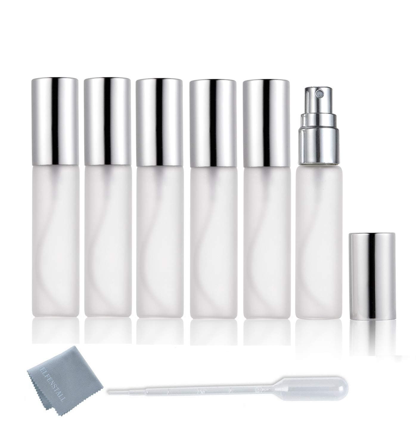 Elfenstall- 6pcs Fine Mist Frosted 10ml 1/3OZ Atomizer Silver Glass Bottle Spray Refillable Fragrance Perfume Empty Scent Bottle for Travel Party Portable Free 3ML Free Pipette