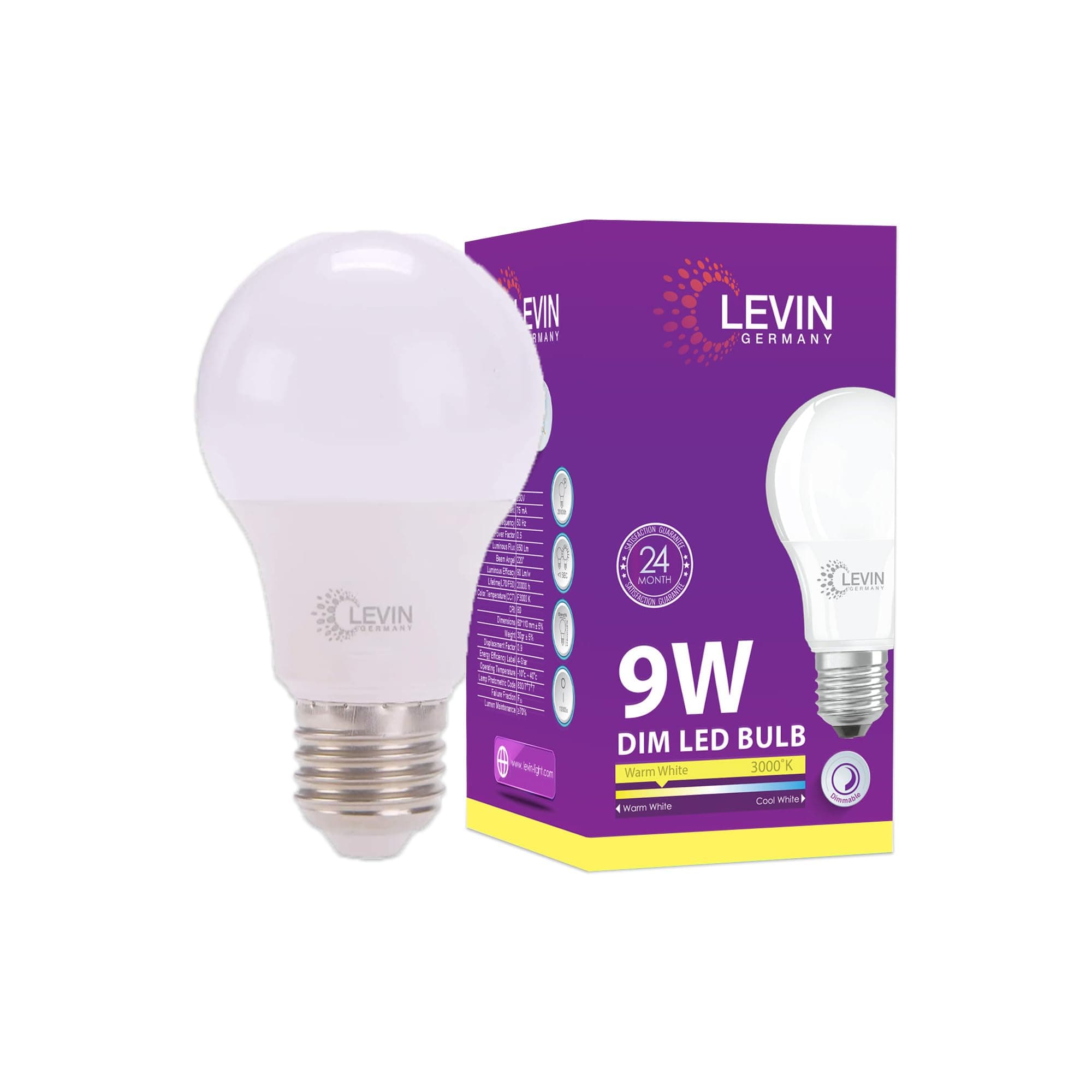 Levin Germany Dimmable A60 E27 LED Bulb, 9W- Warm White 3000K