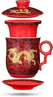 Chinese Dragon Pattern Tea-Mug with Strainer Infuser and Lid and Saucer Ceramic Tea Mug Convenient System Chinese Porcelain Personal Tea Cup 13.5 oz(380ml) - RED, TC400