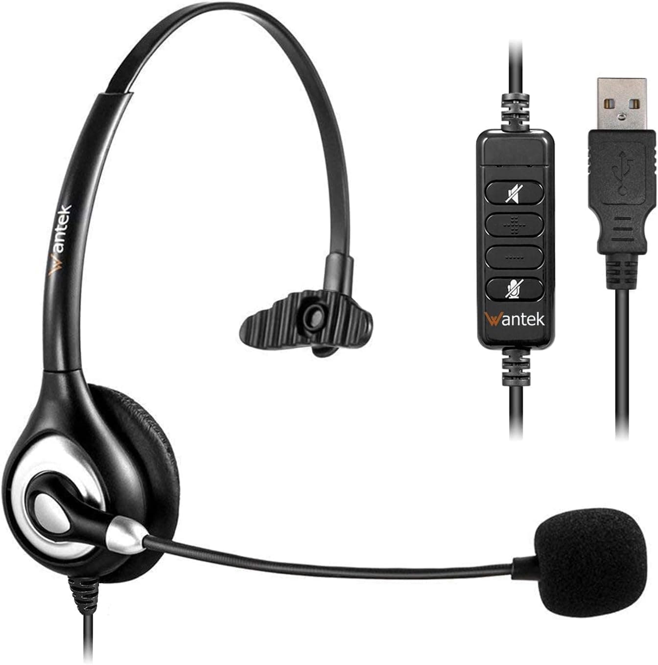 WantekHeadset with Microphone Mono 601N USB/Type-C Headset for PC Computer Laptop with Noise Cancelling Microphone and Call Control for Call Center Business Online Conference