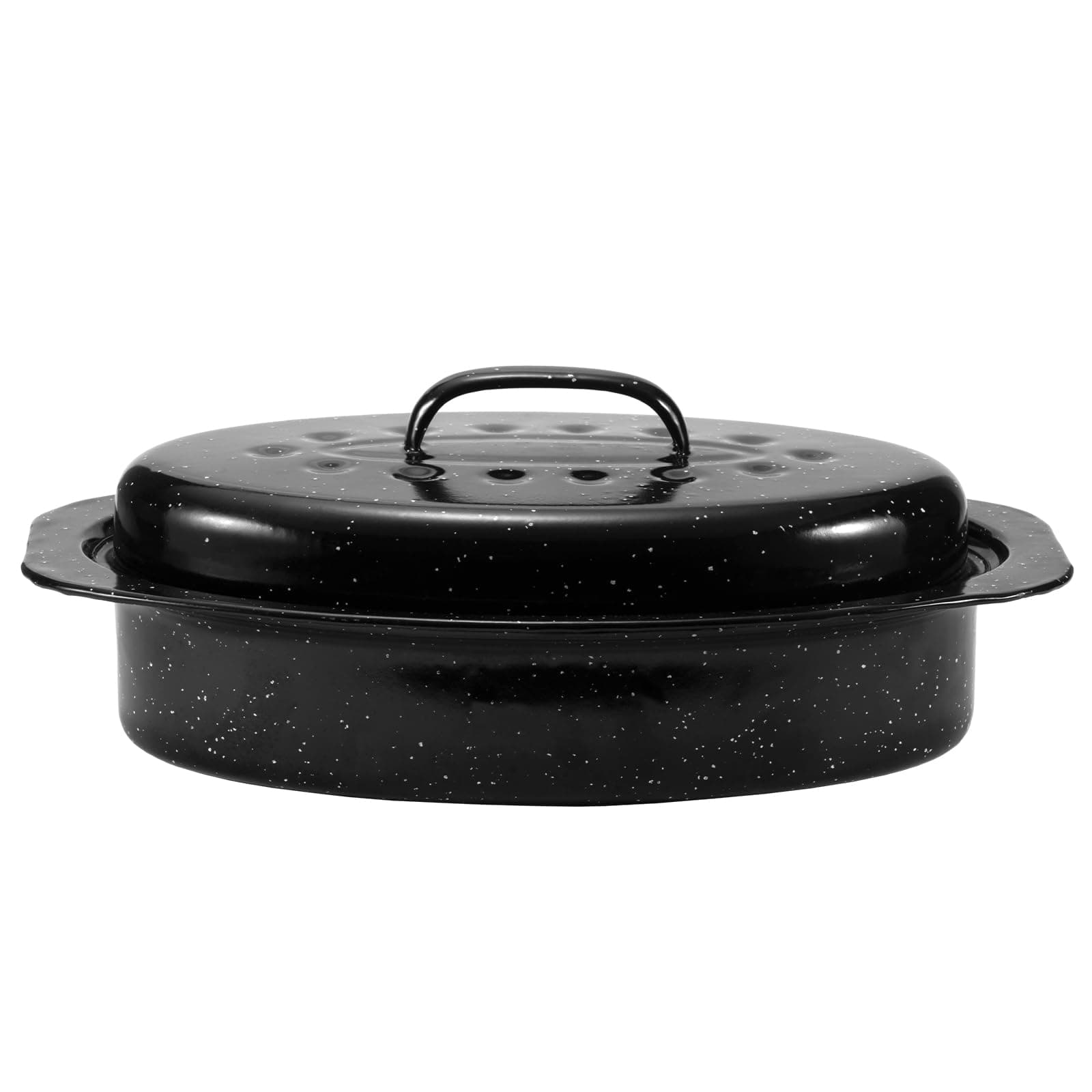 JY COOKMENT Granite Roaster Pan, Small 13” Enameled Roasting Pan with Domed Lid. Oval Turkey Roaster Pot, Broiler Pan Great for Small Chicken, Lamb. Dishwasher Safe Cookware Fit for 7Lb Bird