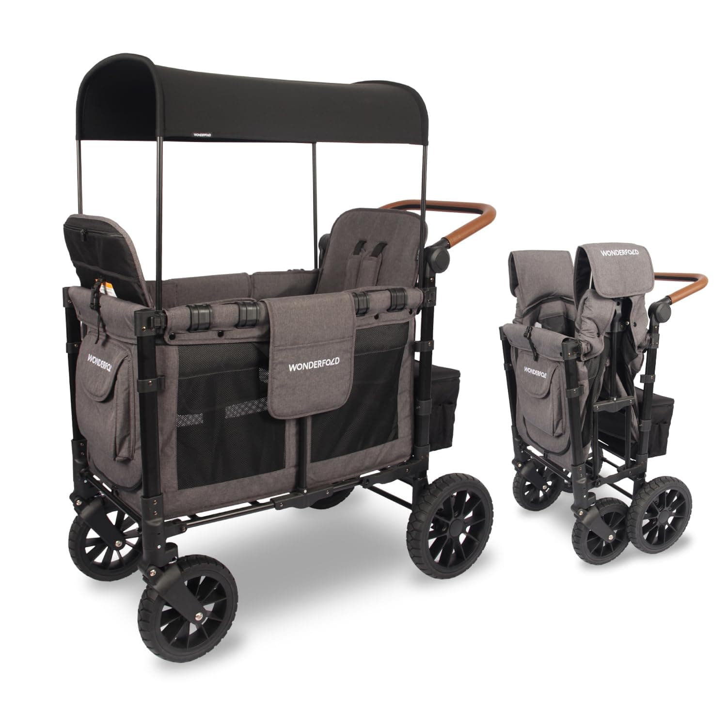 WONDERFOLD W2 Luxe Double Stroller Wagon (2 Seater) - Collapsible Wagon Stroller with Seats with Magnetic Buckle 5-Point Harnesses and Adjustable Sun Canopy, Charcoal Gray