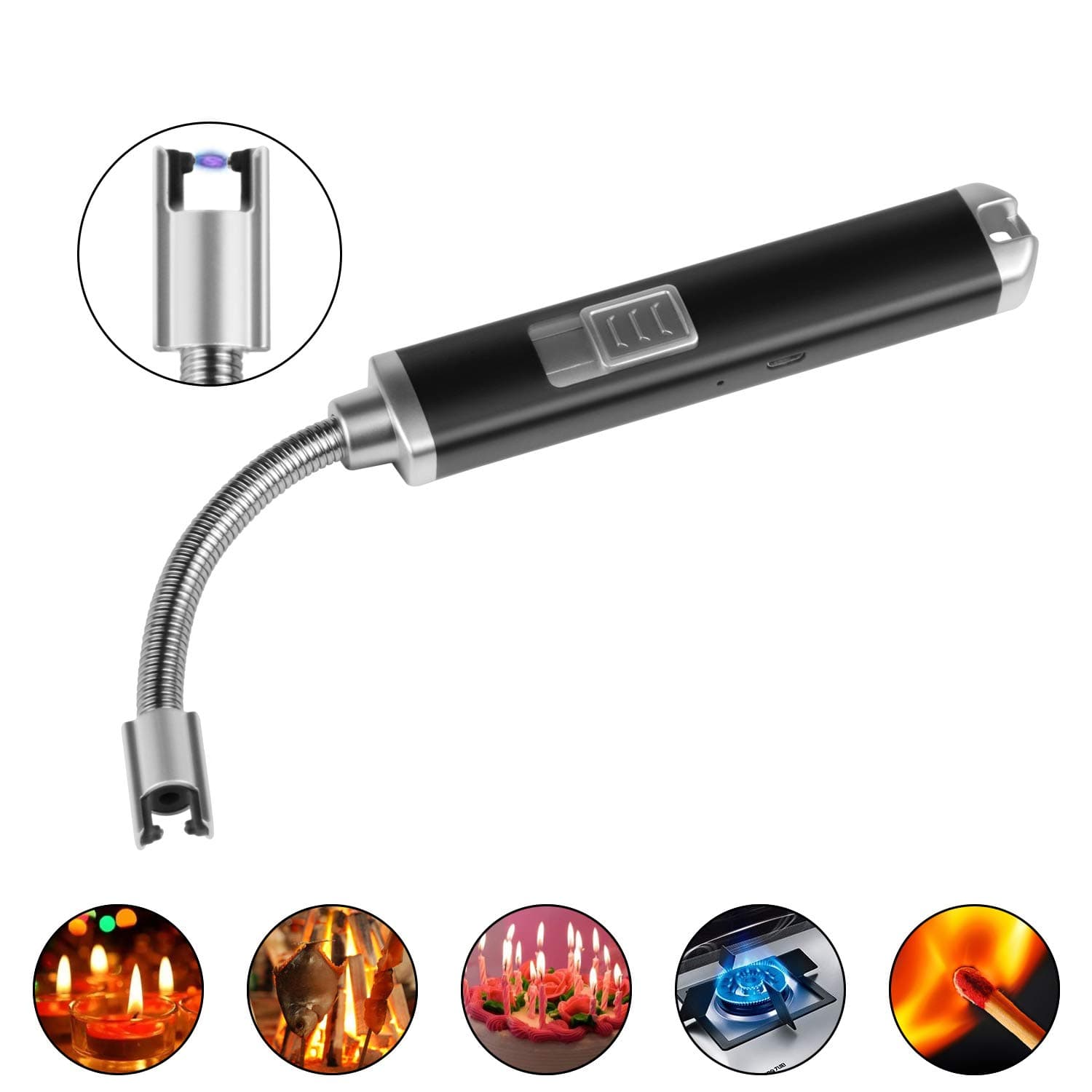 Electric Arc Llighter USB Candle Lighter Charging Windproof Flameless Lighter Fuelless Firearm Safety Environmental Protection Indoor Outdoor Use 360 Degree Rotation … (Silver)