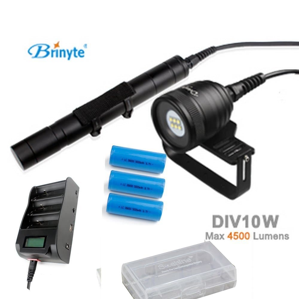 Brinyte DIV10W LED Canister Video Light CREE XML2 4500lm LED Scuba Diving Torch Flashlight 200M Underwater Lamp with 3x 26650 5000mAH 3.7v battery and charger