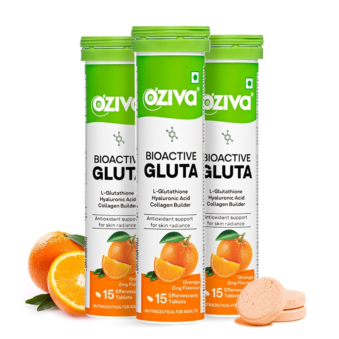 OZiva Bioactive Glutathione Tablets for Radiant Skin - 45 Effervescent Tablets (Pack of 3) | L-Glutathione, Hyaluronic Acid, Vitamin C for Skin Glow & Anti-Pigmentation | Orange