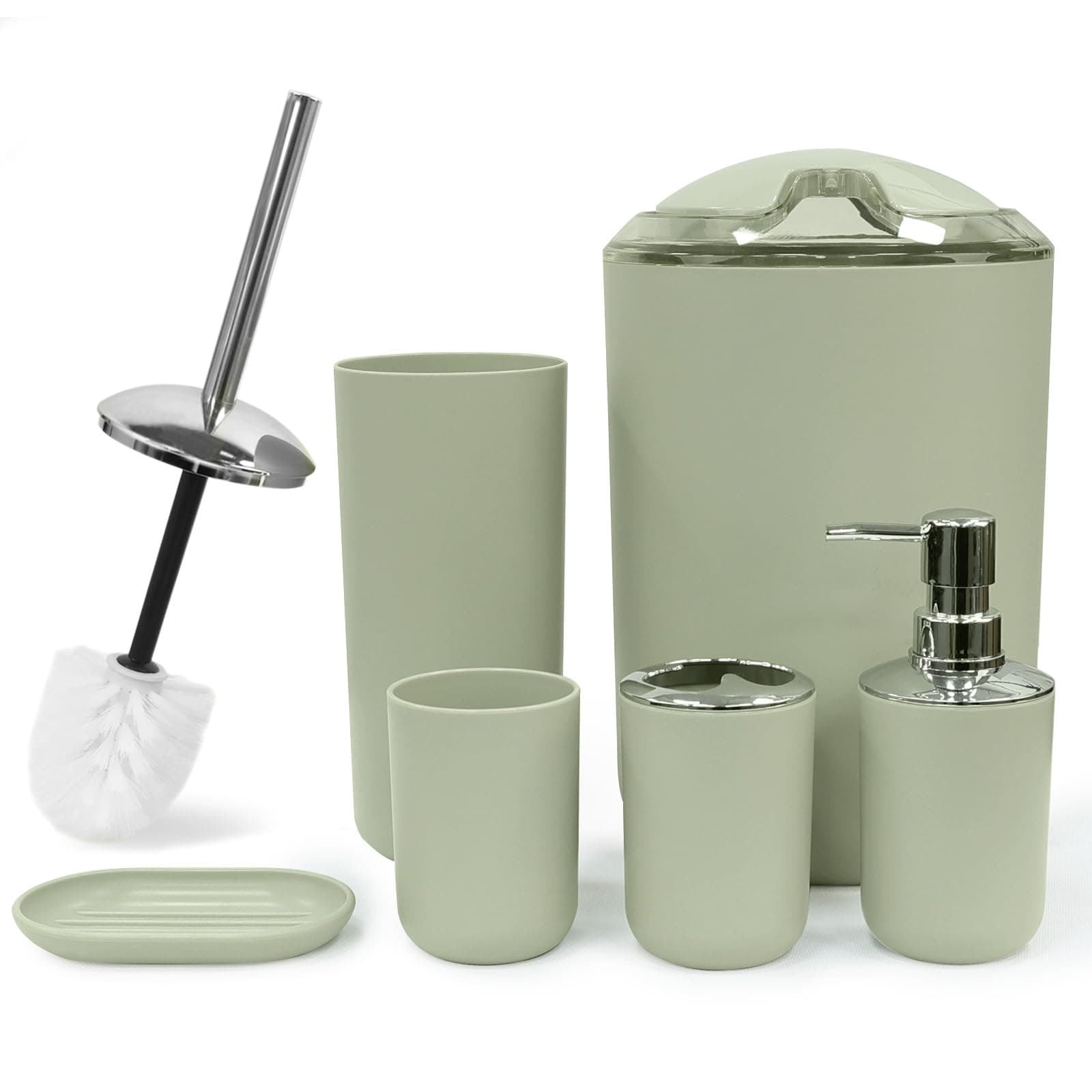 CERBIOR Bathroom Accessories Set 6 Piece Bath Ensemble Includes Soap Dispenser, Toothbrush Holder, Toothbrush Cup, Soap Dish for Decorative Countertop and Housewarming Gift (Green)