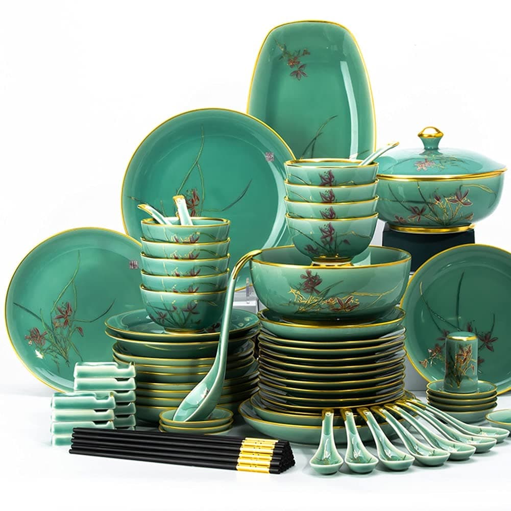 45PCS Ceramic Dinnerware Set Tableware Dishes Plates Ceramic Combination Dinner Service Set Porcelaine Service for 10, Dark Green Luxury Stoneware Tableware Set Beauty Comes