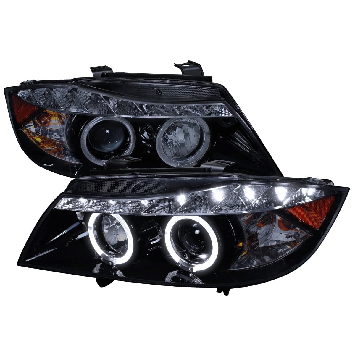 SPEC-D TUNING Black Smoke Projector Headlights + Top LED Strip Compatible with 2006-2008 BMW E90 3-Series 4 Door Sedan, Left + Right Pair Headlamps Assembly