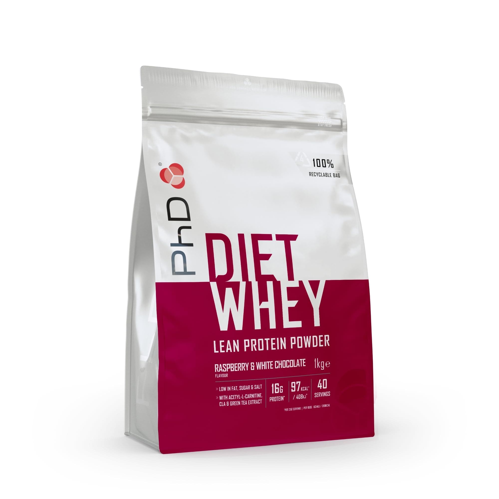 PhD Nutrition Diet Whey High Protein Lean Matrix, Raspberry and White Chocolate Diet Whey Protein Powder, 16g of Protein, 40 Servings Per 1 kg Bag