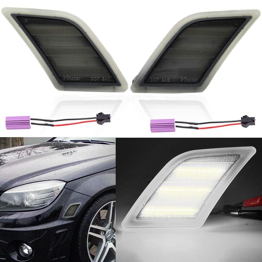 NJSBYL Smoke Lens White LED Front Side Marker Light Kits for 2008-2011 Mercedes Benz Pre-LCI W204 C250 C300 C350 & 2008-2013 C63 AMG & 2005-2007 SL66 AMG OEM Amber Side Marker Lamps Replacement