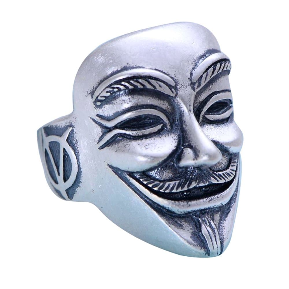 Vintage Matte 990 Sterling Silver Anonymous V for Vendetta Ring Face Mask Ring for Men Women Open Adjustable