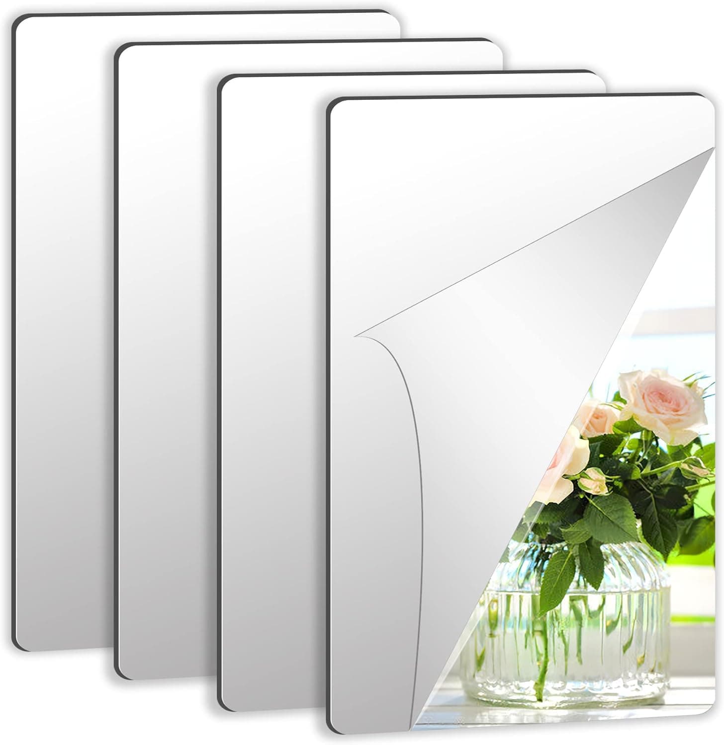 Amazon Brand – Umi 4pc Pack A4 Size Self Adhesive Acrylic Silver Mirror Finish Decorative Flexible Sheets Wall Stickers 30 x 21 cms
