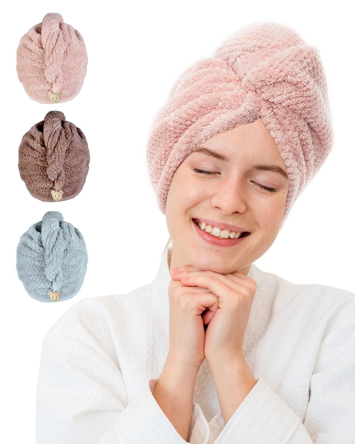 MOXTOYU 3 Pack Microfibre Hair Towel Wrap Super Absorbent Microfiber Towel For Hair With Buttons Microfibre Head Towels For Women Girl Long Curly Wet Hair (Grey/Pink/Green)