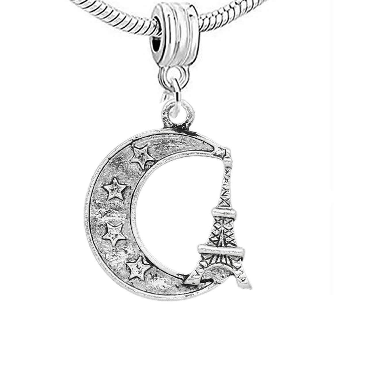 Sexy Sparkles Moon and Eiffel Tower Charm Dangle Charm Bead for Snake Chain Charm Bracelet
