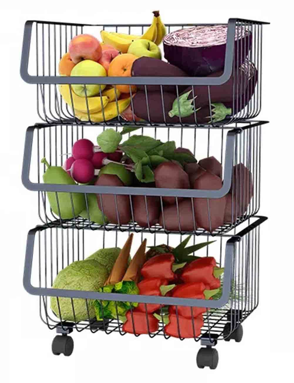 BEONE 3-Tier Wire Storage Fruit Vegetable Basket Shelving Rack Unit for Home Bathroom Kitchen, BEONE 3 Shelves Unit Metal Kitchen Storage Rack (Model 1, Black)