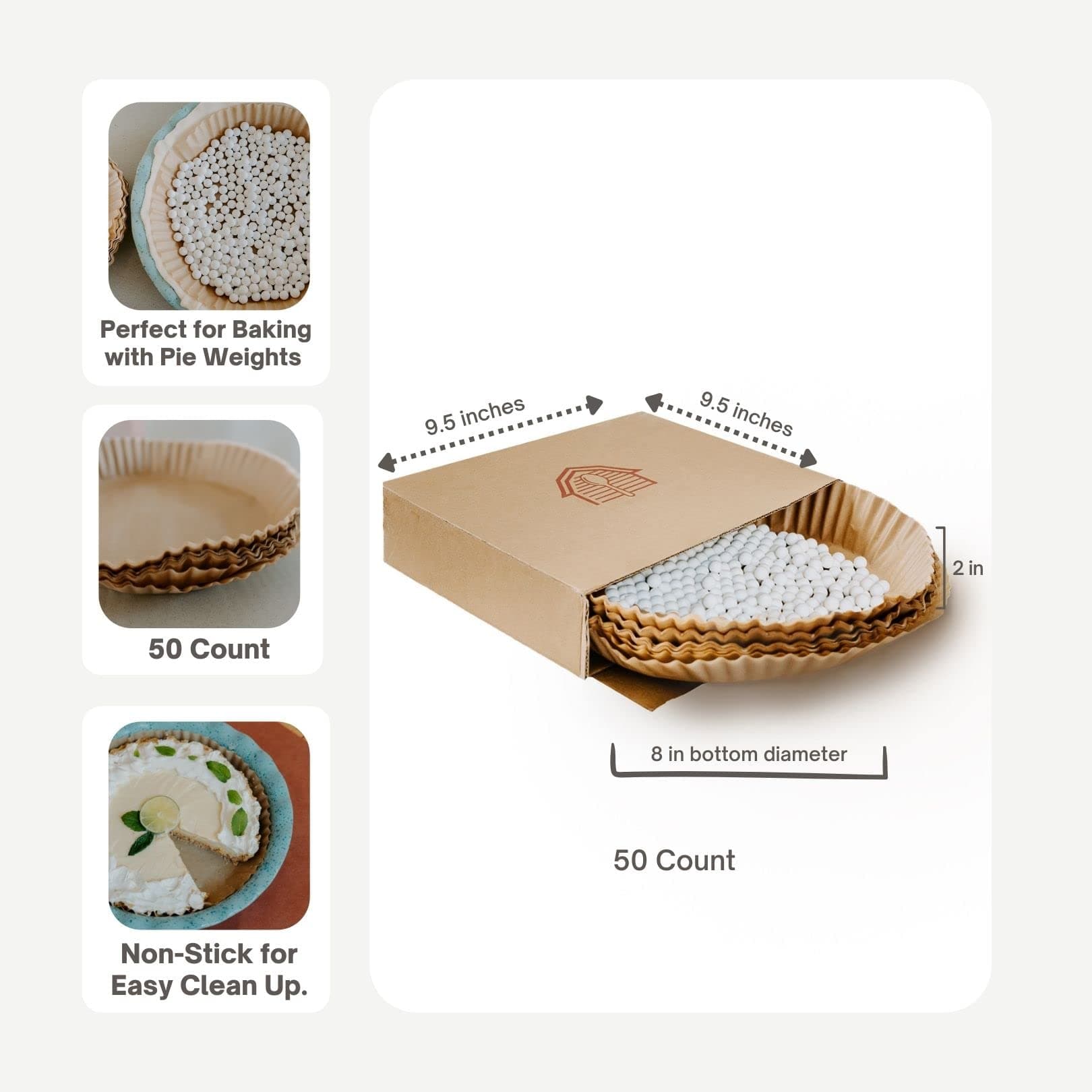 Parchment Paper for Pie Weights and Pans, Plastic Free Packaging, Pre Formed fit 8,9,10 Inch Dish, Natural Unbleached Food Grade Non-Stick Liners, High Heat Safe, Designed in USA, 50 Sheets