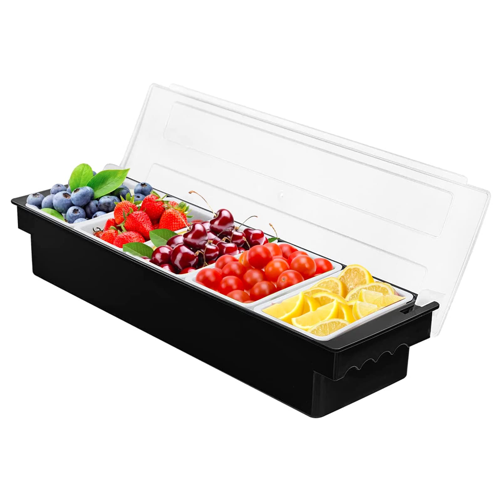FEOOWV5 Compartment Plastic Dispenser Fruit Veggie Condiment Caddy with Lid，Ice Cooled Condiment Serving Container Chilled Garnish Tray Bar Caddy for Home Work or Restaurant (Black)