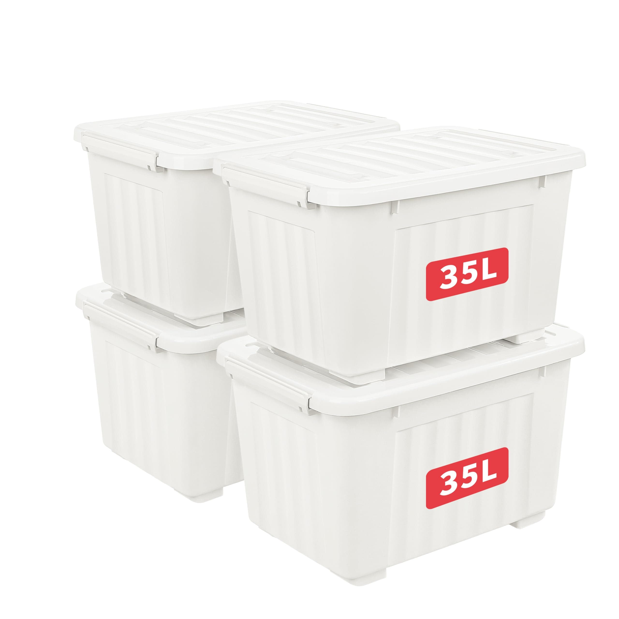 35L*4 Storage Boxes with Wheels, Plastic Storage Bin with Lid, Latching Buckles, Click Closure, Stackable, Nesting, Durable Organizer for Home Office Clothes, White, 35L-4 Pack