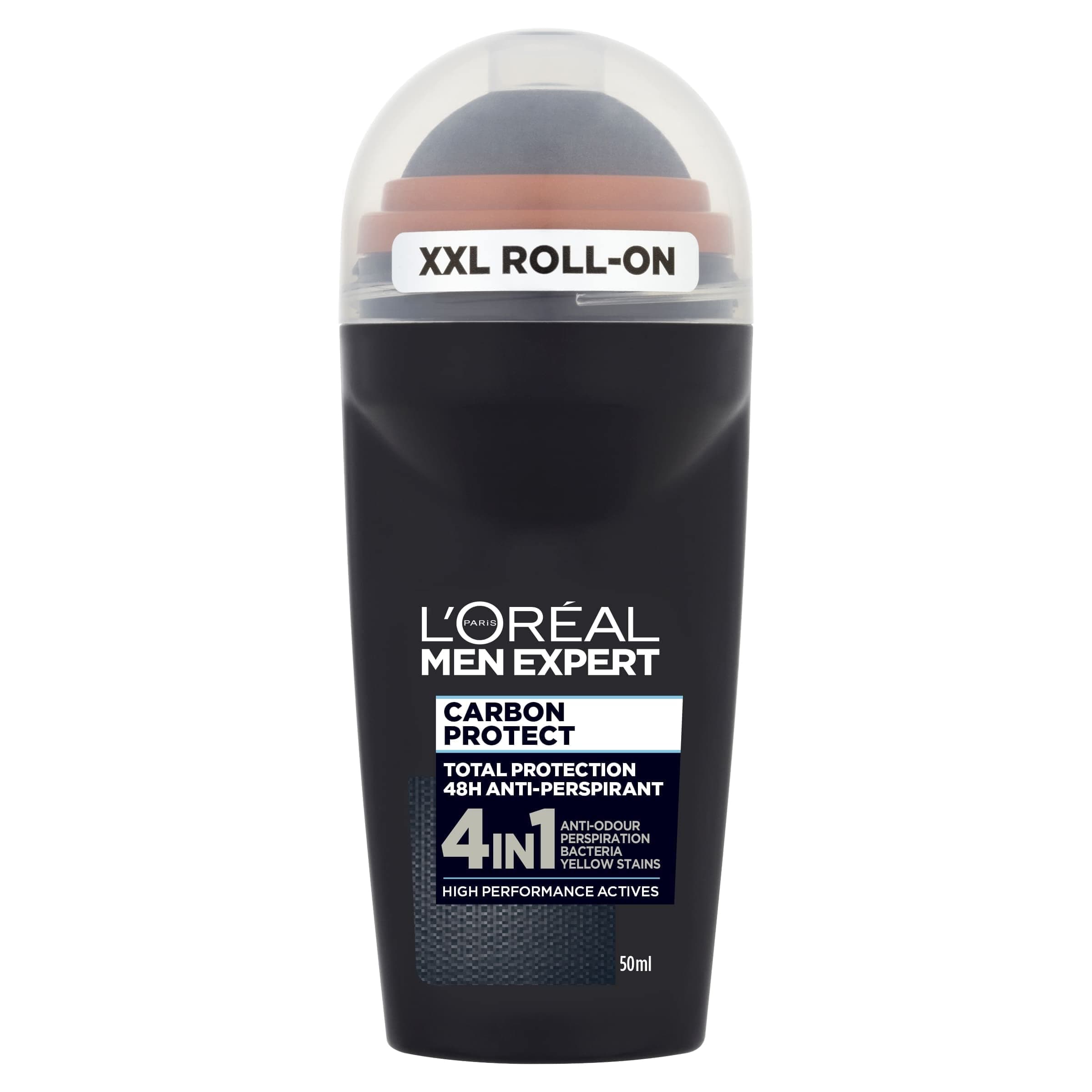 L'Oréal Men Expert Carbon Protect Deodorant Roll-On, 48-Hour High-Performance Anti-Perspirant, 4-in-1 Action with Absorbing Charcoal Powder, No Sticky Residue, Dermatologically Tested