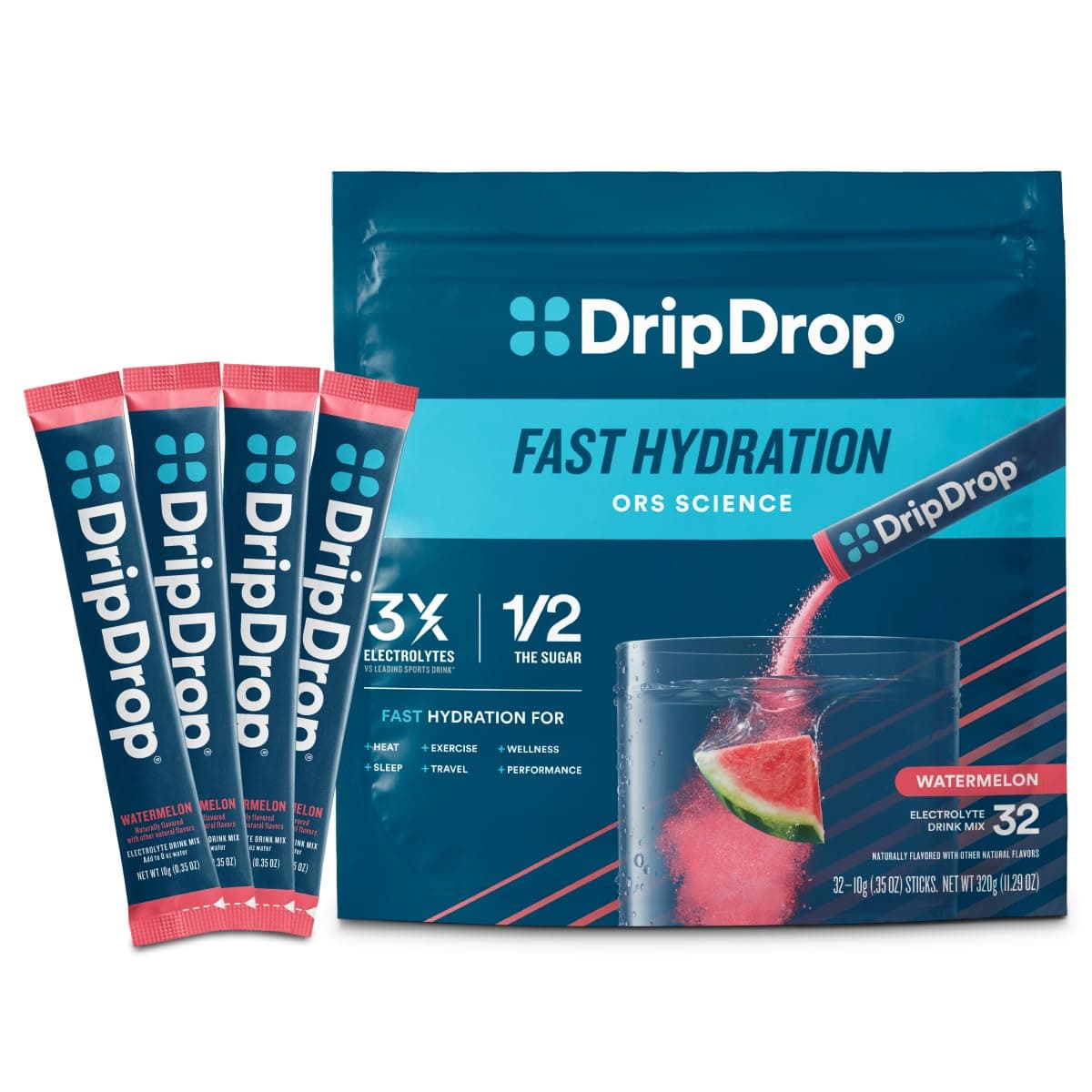 DripDrop Hydration Packets - Watermelon - Single Serve Electrolytes Powder Drink Mix - Non-GMO, Gluten Free, Vegan - 32 Sticks
