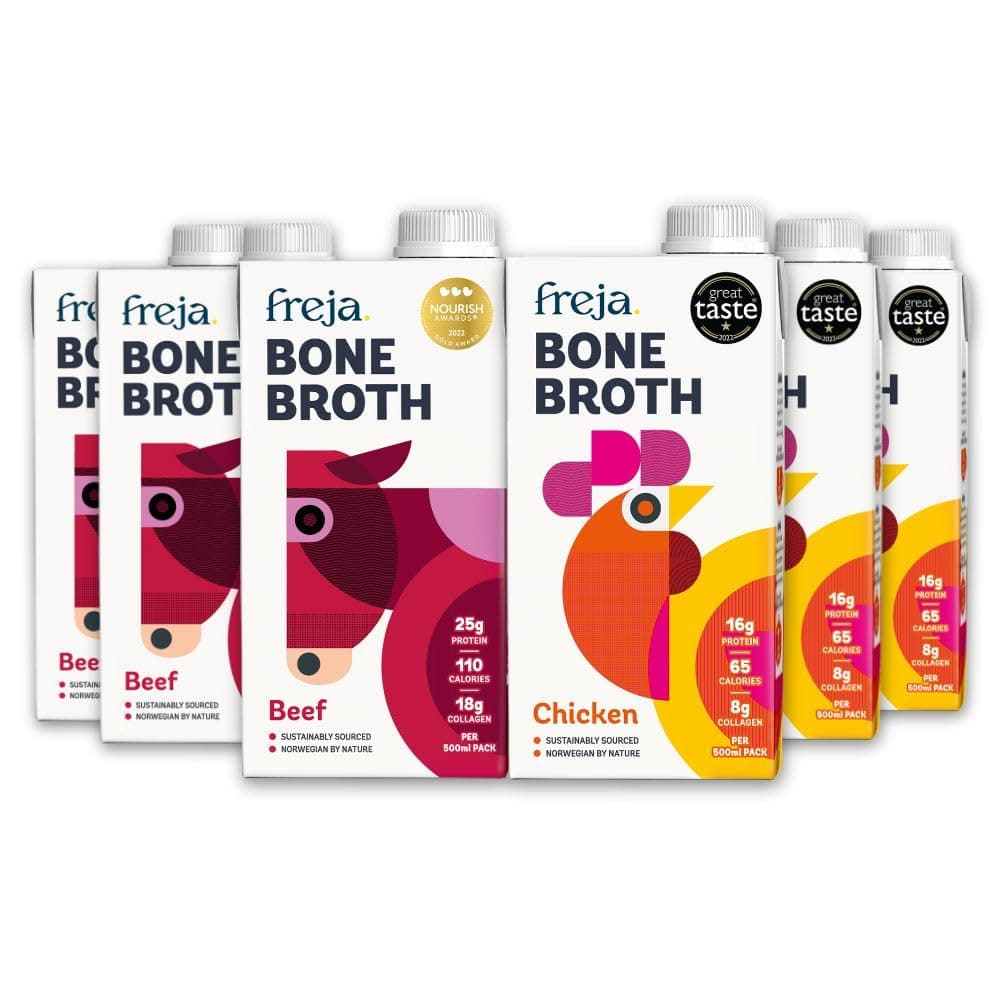 Freja Best of Bone Broth Mixed Pack | Sipping Broth Selection | Beef & Chicken | Premium Liquid Broth | Low Calorie | High Protein & Collagen | Not from Concentrate, Powder or Cubes | 6 x 500ml