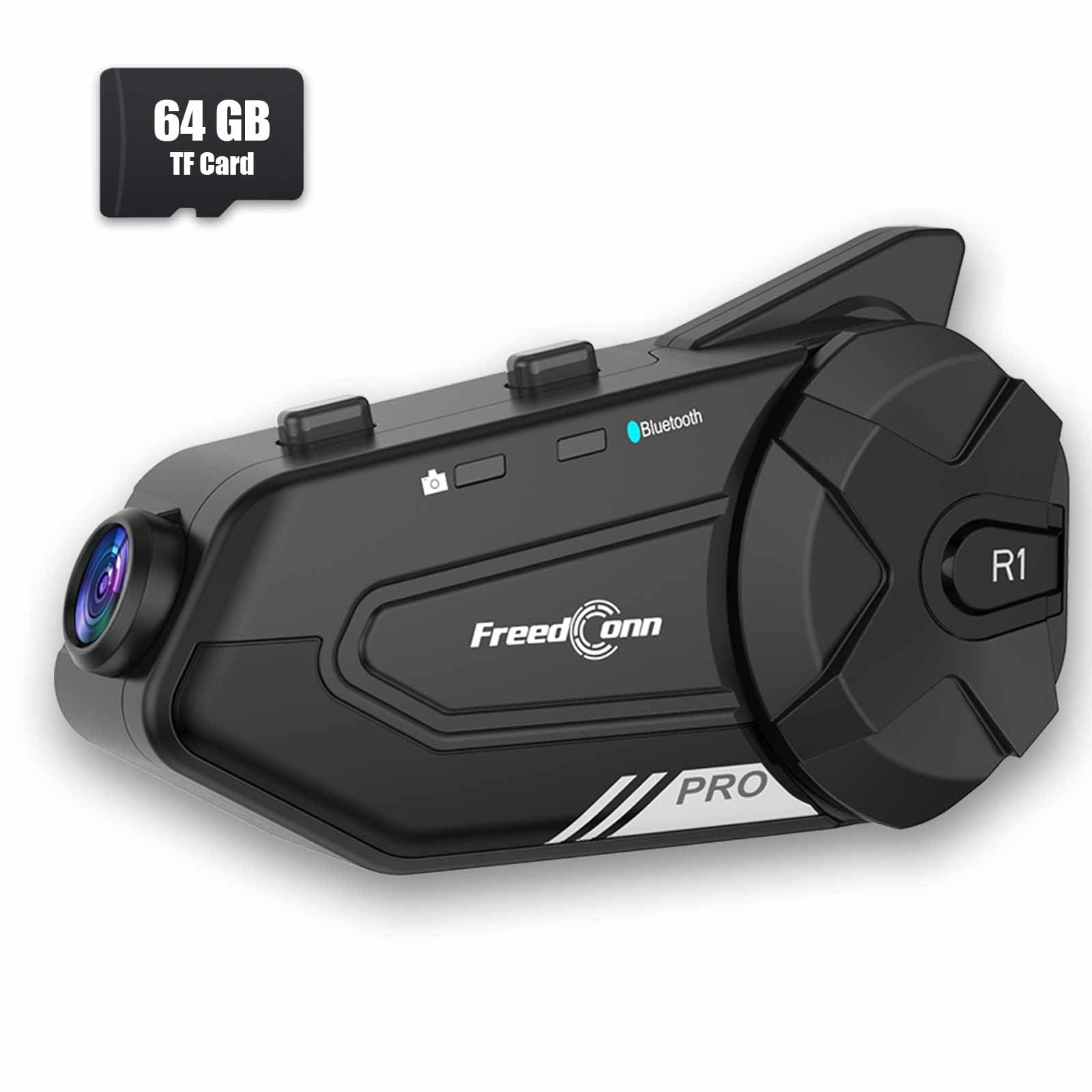 R1 PRO Motorcycle Bluetooth Headset with 2K Camera Recorder, Motorcycle Bluetooth Helmet Intercom Systems，IP65 64GB TF Card, Communication Systems,