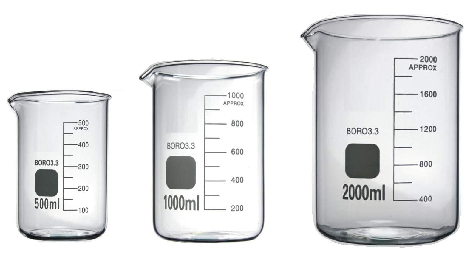 Boro 3.3 Glass Graduated Measuring Beaker for Lab or Kitchen (500ml+1000ml+2000ml)