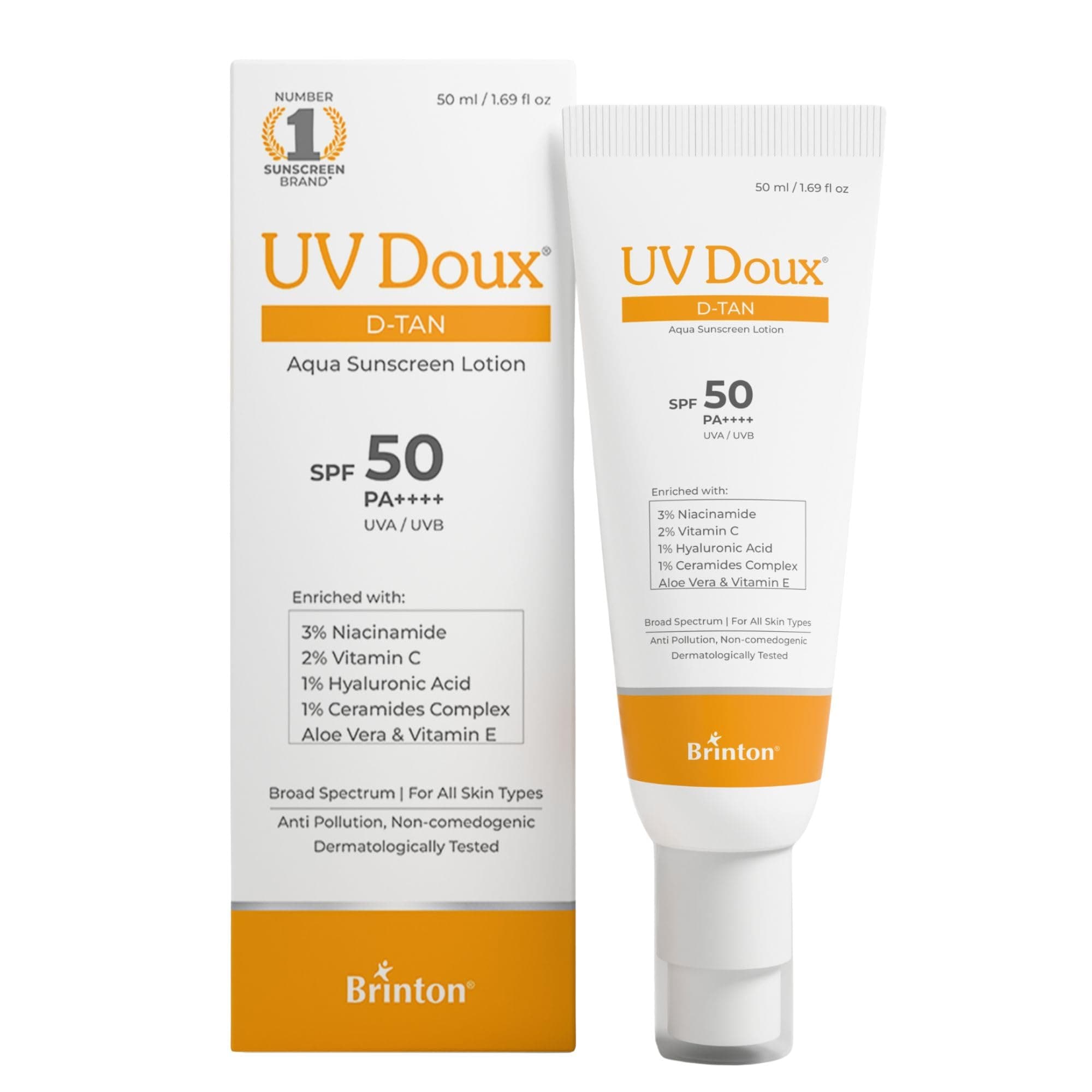 Brinton UV Doux D-Tan Aqua Sunscreen Lotion Enriched with Enriched with 3% Niacinamide, 2% Vitamin C, 1% Hyaluronic Acid, 1% Ceramide, Aloe Vera & Vitamin E SPF 50 PA++++ Broad Spectrum, 50 ml