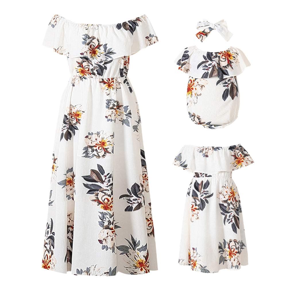 Mommy and Me Dresses Floral Printed Chiffon Bowknot Ruffles Short Sleeve Beach Mom Daughter Matching Outfits
