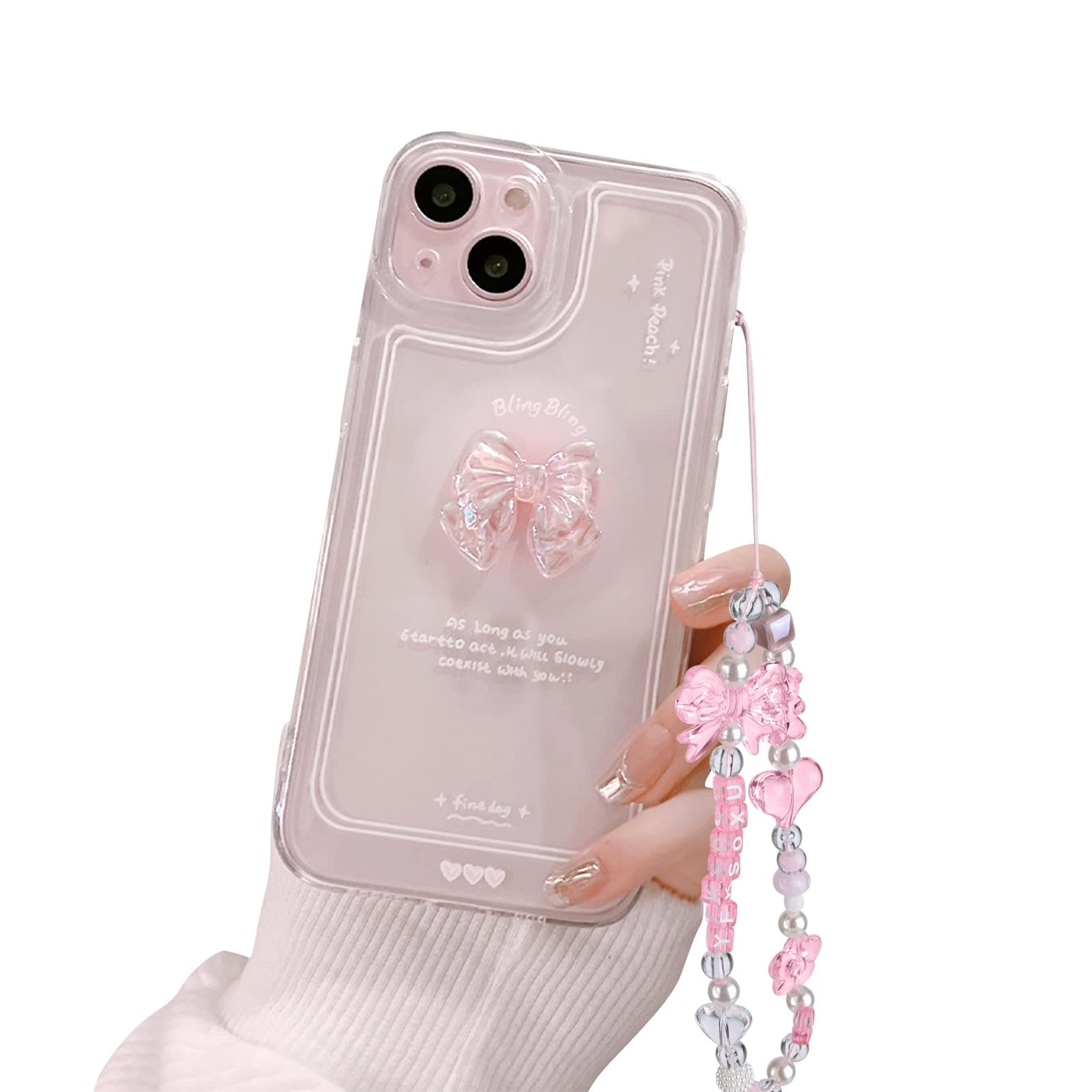 Ownest Compatible with iPhone 13 Mini Case, Cute 3D Pink Bowknot Slim Clear Aesthetic Design Women Girls Sparkly Protective Phone Cases for iPhone 13 Mini + Glitter Crystal Chain