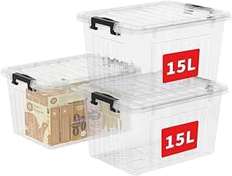 Cetomo 15L*3 Storage Box Storage Bin With Wheels Storage Container with Click Closure and Lid Stackable Transparent Organizer