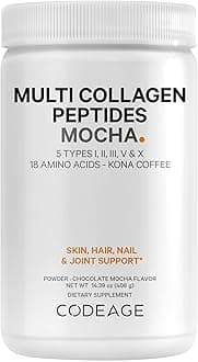 Codeage Multi Collagen Peptides Protein Powder, Chocolate Mocha Instant Coffee - Low Calories Drink & Shake - Hydrolyzed Collagen Type I, II, III, V & X - Grass-Fed, Pasture-Raised, Non-GMO - 14.39 oz