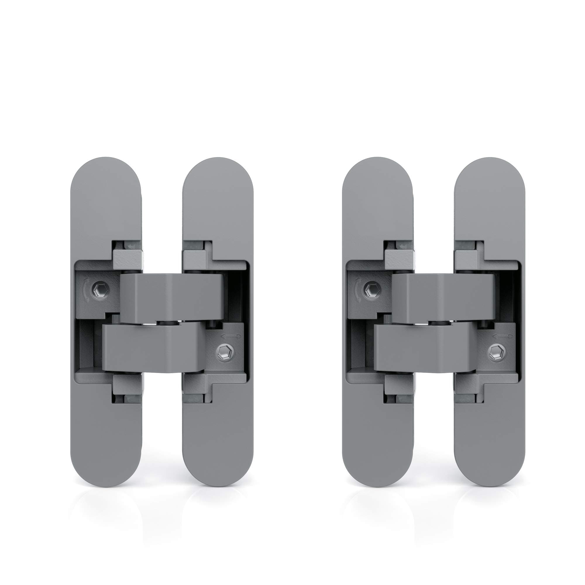 Invisible hinge for access doors, set of two invisible hinges for heavy doors, 40 Kg (88 lb) load, 180º aperture, zamak, metallic grey