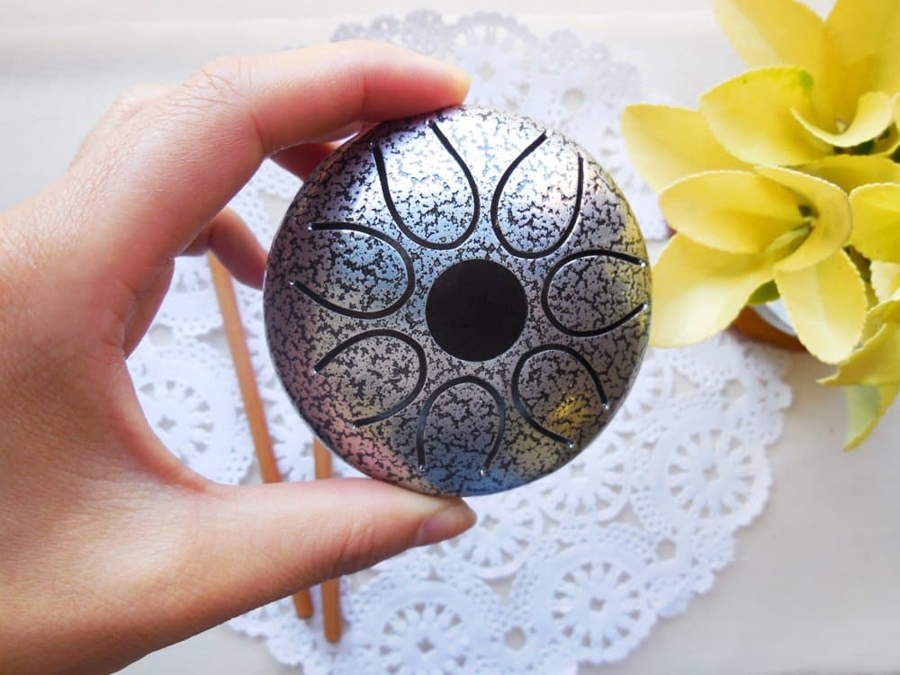 Mini Handmade 3" Steel Tongue Drum/Mini Handpan, 7 notes, with 2 sticks + leather bag, Sound Therapy, meditation, Healing (Silver)