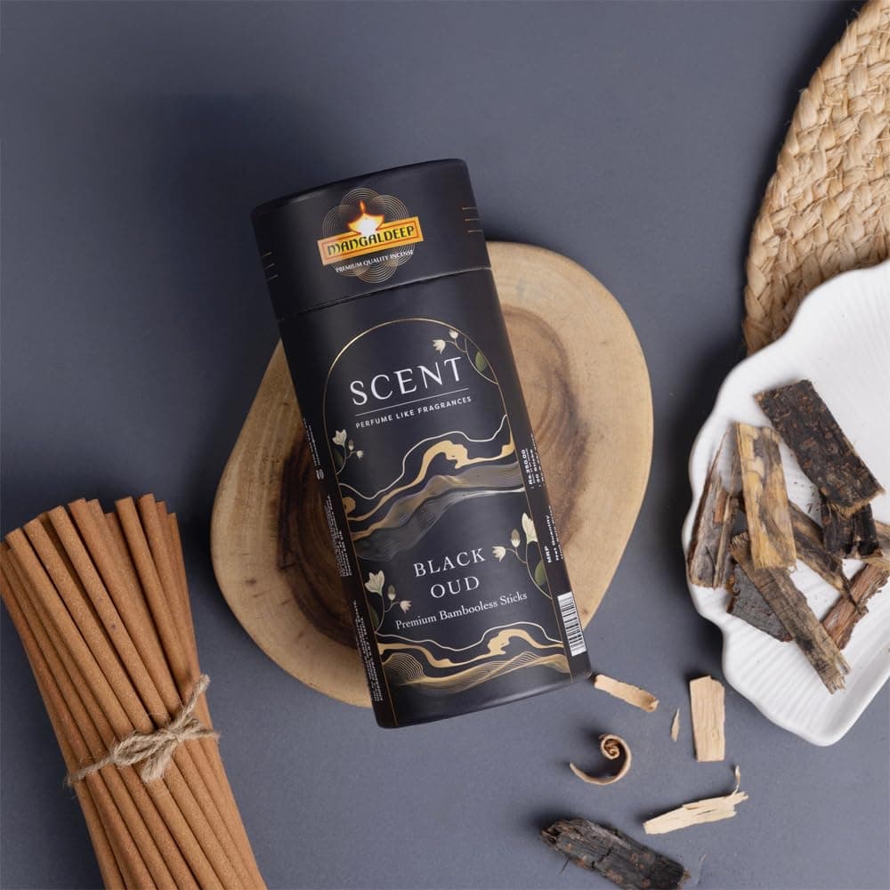 Mangaldeep Scent Premium Bambooless Dhoop Sticks - Black Oud - Ceramic Stand Inside -with Essential Oils - (30 Sticks)