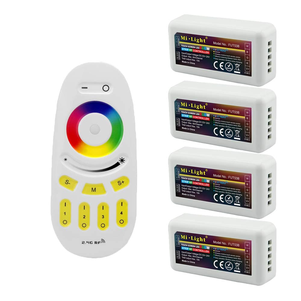 S NMT Mi Light Wireless 2.4G RF RGB + White/Warm White Controller Kit, 4 x Controllers and 4-Zone Remote, Wi-Fi Bridge Compatible, 4CH Multicolor RGBW/RGBWW LED Strip Light Controller