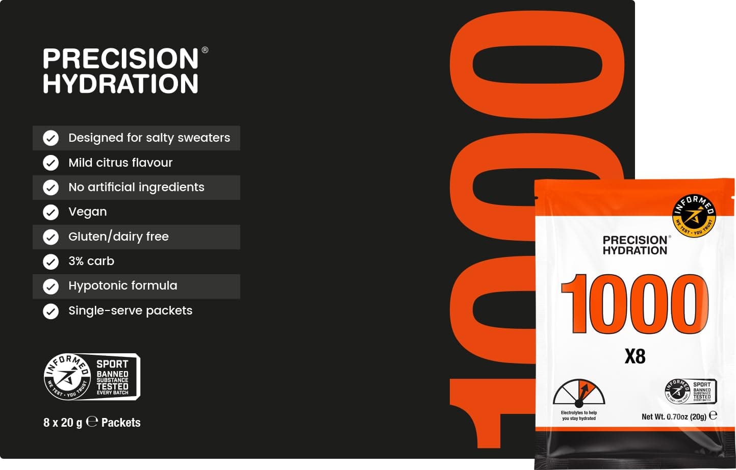 Electrolyte Powder - No Artificial Ingredients, Multi Strength Hydration Packets - Individual Waterproof Servings - Gluten/Dairy Free, 1 Box (8 Packets, 1000mg/L-Orange)