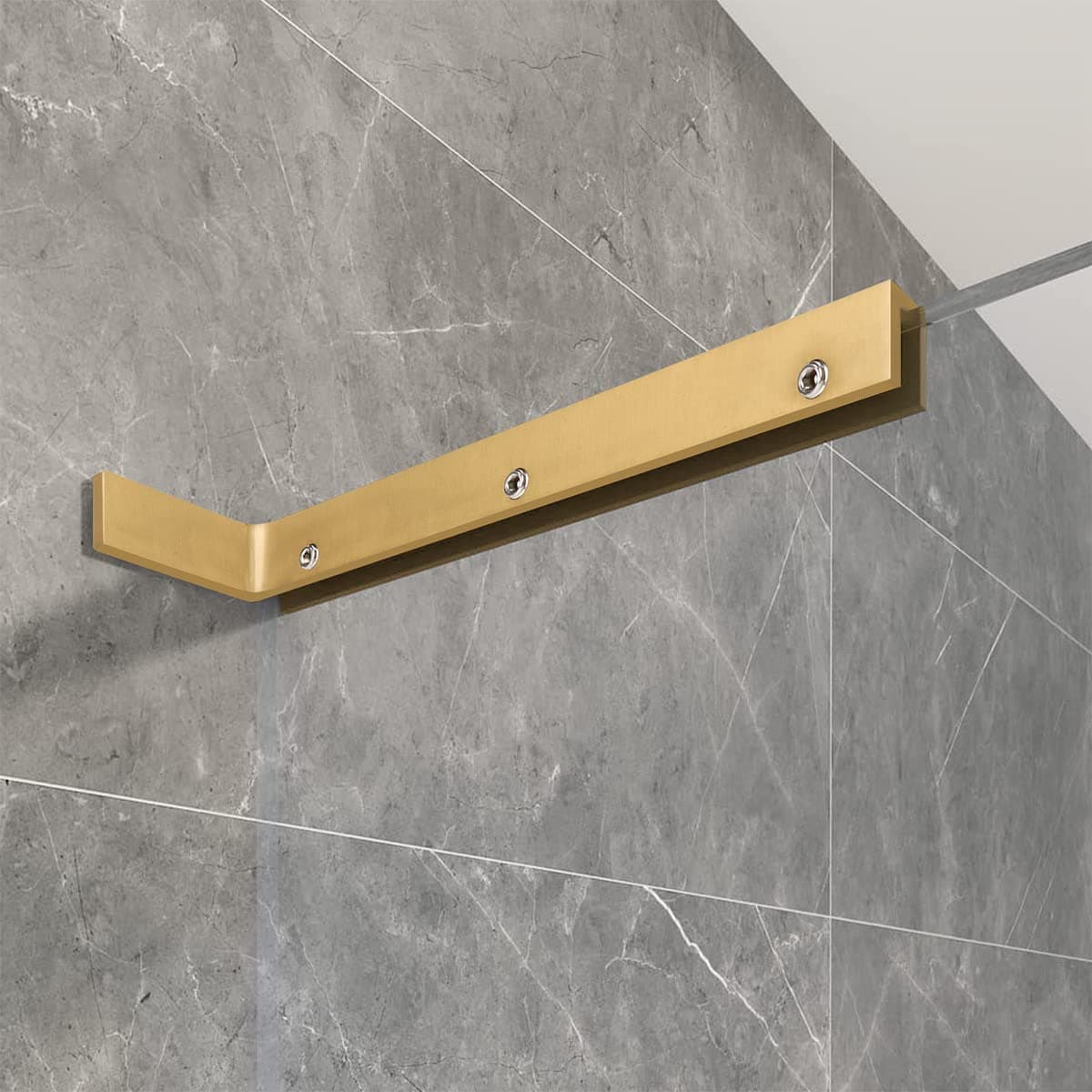 LukLoy Fixed Glass Shower Panel Wall to Glass Support Bar, Frameless Glass Clamp L Shape Stabilizer Mounting Bracket, No-Drill-in-Glass. (Glass on Right, Gold)