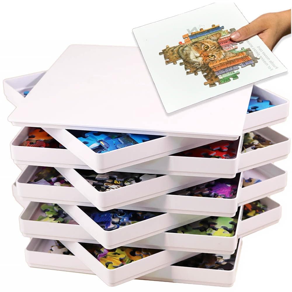 PUZZLE EZ 8 Puzzle Sorting Trays with Lid 8" x 8" with Mover Card Hold Up to 1000 Pieces Space Saver Gift for Puzzle Lover