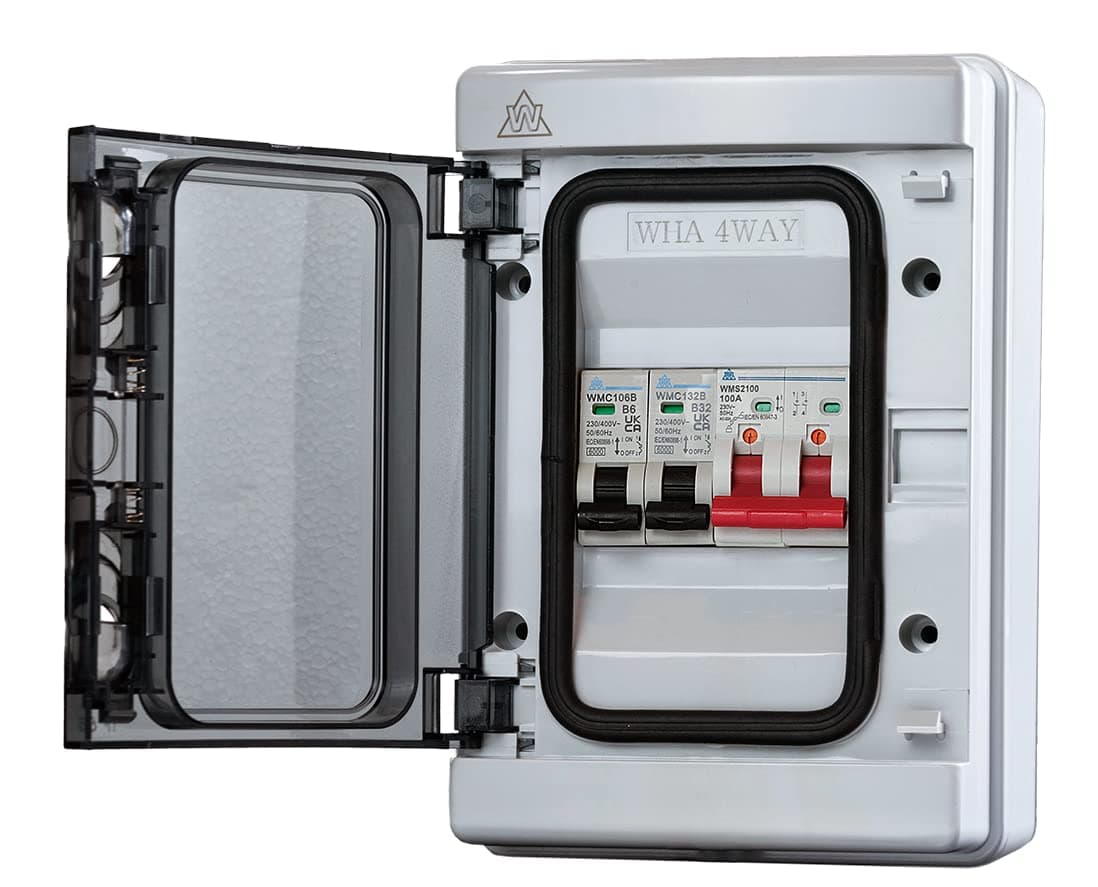 2 Way Consumer Unit 100 Amp Main Isolator Switch with 6 Amp and 32 Amp Type B MCB Circuit Breakers Garage Shed WPMS04/632 UKCA Certified
