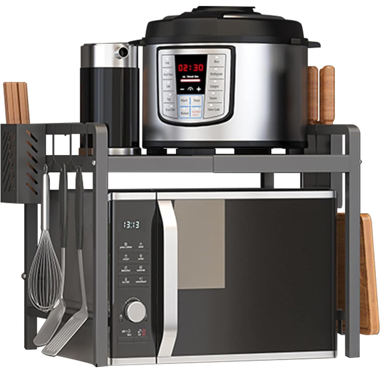 Microwave Stand, Microwave Oven Rack, Adjustable Shelf with Hooks,110lbs Capacity, Microwave Shelf, Microwave Stand with Storage, Microwave Stand Countertop, for Kitchen Countertop Organizer (Black)