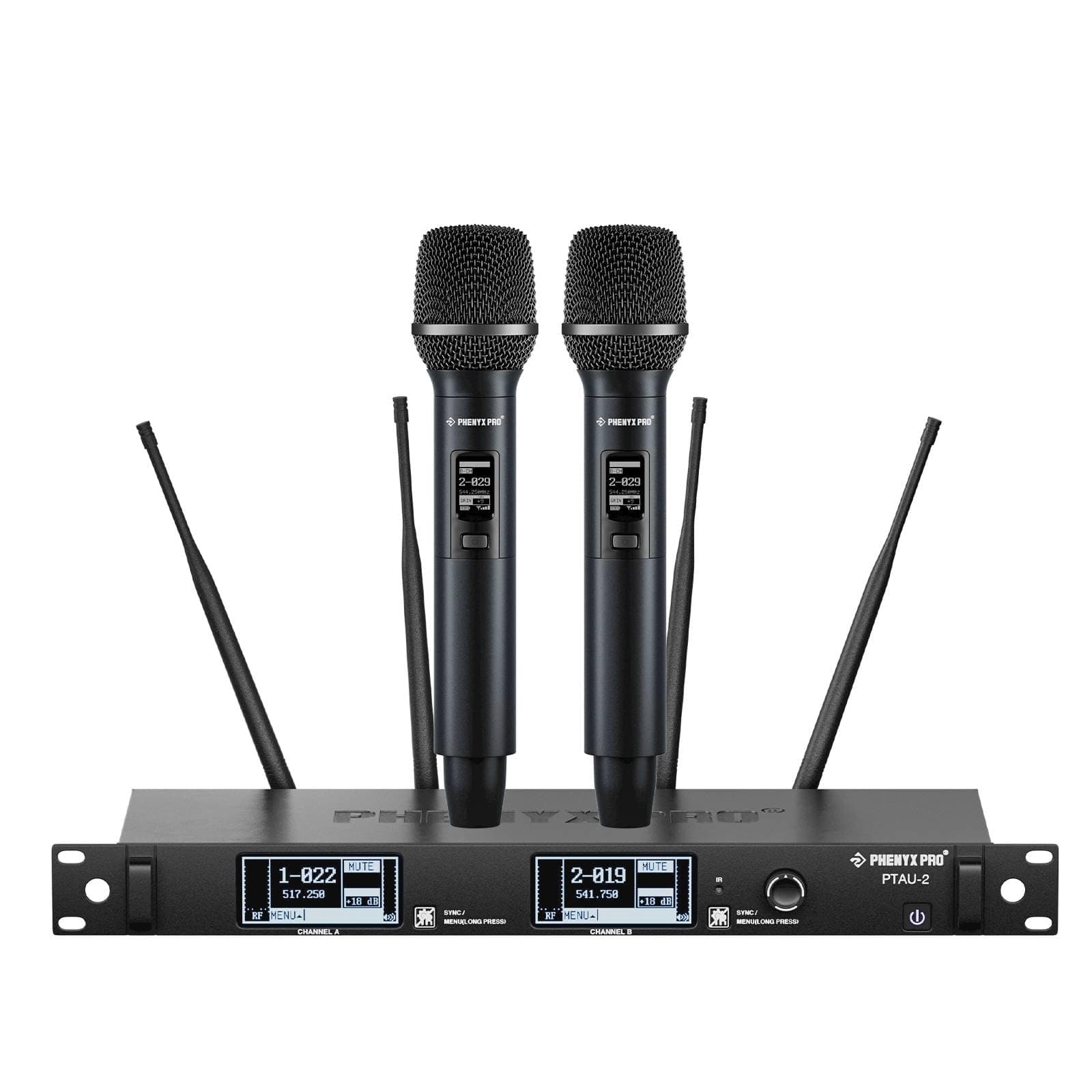 Phenyx Pro Dual-Channel Wireless Microphone System, Dynamic Mics w/ID Lock, Tunable Power Level, Auto Scan, Spectrum Analyzer, True Diversity Cordless Handheld for Singing, DJ, Karaoke (PTAU-2)