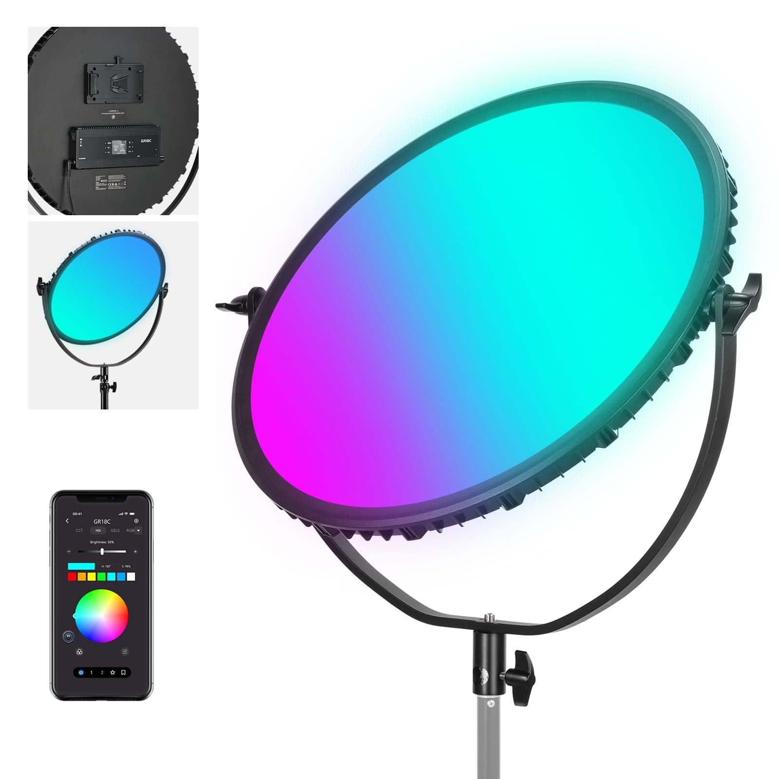 Neewer 18" RGB LED Round Panel Video Light with APP Control, 65W 6000Lux/0.5m 2500K-8500K RGBCW Photography Studio Lighting /18 Scenes/V Battery Powered for Outdoor Filming Recording Streaming, GR18C