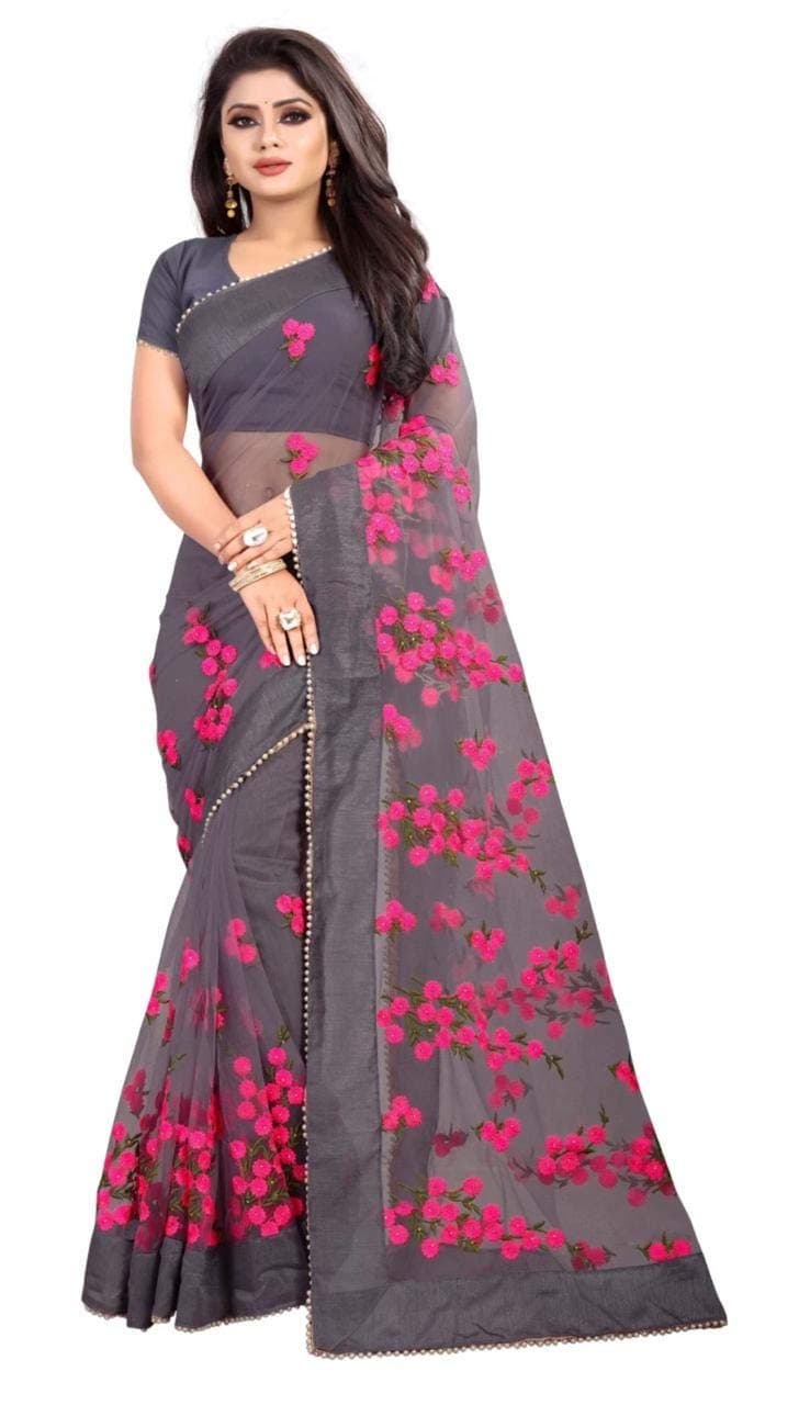 MOHIT CREATIONS Designer Net Saree with Embroidery Work (Grey)
